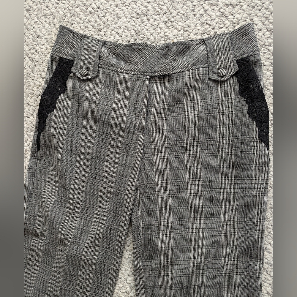 Ninety Women's (Size 8) Plaid/Houndstooth Flared Pants w/ Black Lace Accents